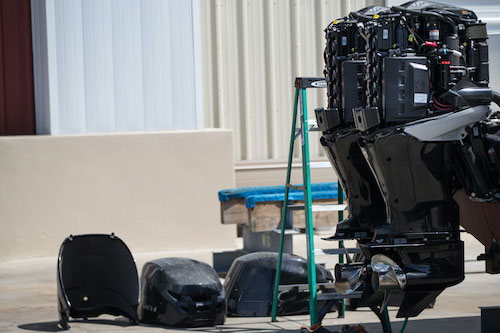 Outboard being serviced at dealership